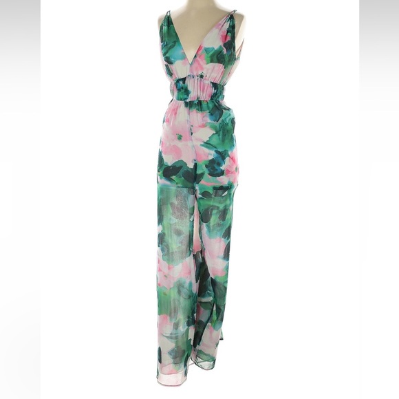 Zara Green & Pink Watercolor Floral Print Wide Leg Jumpsuit Size XS - Picture 5 of 9